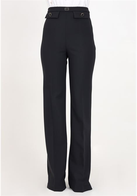 Black women's palazzo trousers in stretch crêpe with flaps ELISABETTA FRANCHI | PA02941E2110